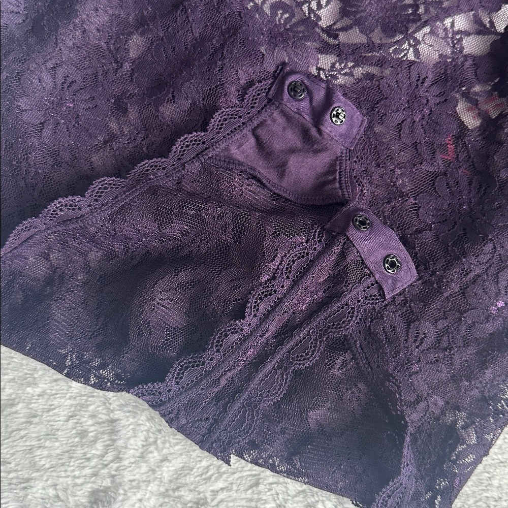 Purple Sheer Floral Lace‎ Long Sleeve Romantic Feminine Open Back Bodysuit M - Picture 7 of 9